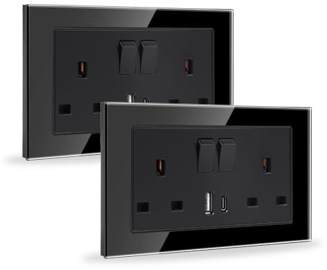 JIMEIDA 2 Pack Double Switched Socket Black 20W Fast Charging 13 Amp with 2 USB Charging Ports Crystal Glass Panel Wall Outlet
