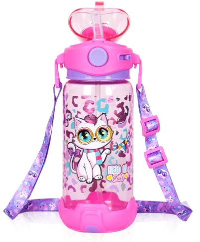 YOYTOO Kids Water Bottle with Straw & Strap for School Kids Girls Boys, 22oz BPA Free Child Drinking Water Bottle One-Click-Open Leak-Proof Locking Flip Lid for Back to School Sport Travel