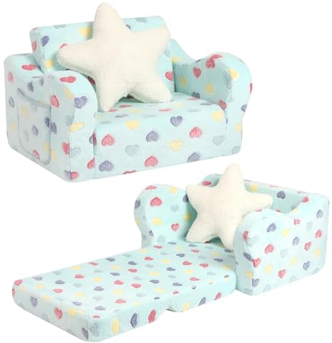 MOMCAYWEX Toddler Couch, 2-in-1 Kids Soft Couch Fold Out with Star Pillow, Foldable Sofa to Lounger, Medium, Colorful Heart