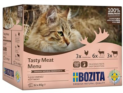 Bozita Nassfutter Häppchen in Gelee mit Fleisch - 12x85g Portionsbeutel getreidefreies & weizenfreies Futter für Katzen - Katzennassfutter für erwachsene Katzen mit 8,5% Protein & 4,5% Fettgehalt