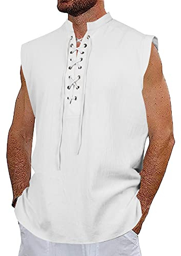 NANAMEEI Chemise Medievale Homme sans Manches en Lin et Coton Costume Pirate Vintage Col Mao Tunique Lacet Viking