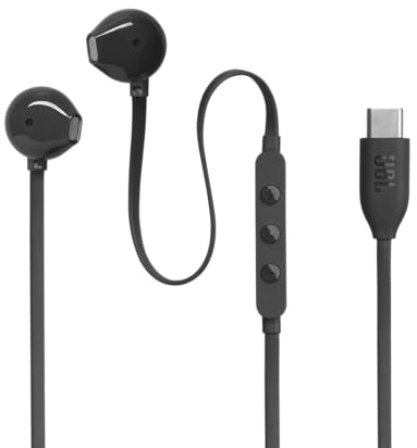 JBL Tune 305 C, Écouteurs filaires Hi-Res, son Pure Bass JBL, connexion USB-C, câble plat anti-nœuds, télécommande à trois touches avec microphone, noir