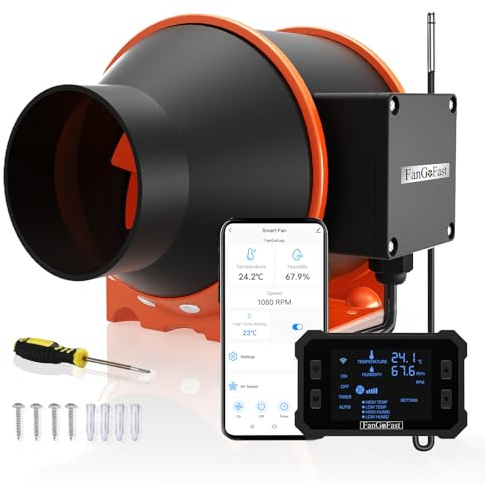FanGoFast 100mm APP KONTROLLIERT Rohrventilator mit Temperatur- und Feuchtigkeitsregler, EC-Motor, 3000 RPM Abluftventilator für Booster, Wachstumszelte, Belüftung und Abluftventilator