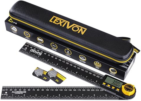 LEXIVON Rapporteur d'angle Numerique, Fausse Equerre Numerique en Aluminium, Jauge d'angle Multifonction de 250 mm, avec Grand Écran et Pochette Zippée Robuste (LX-DAF10)