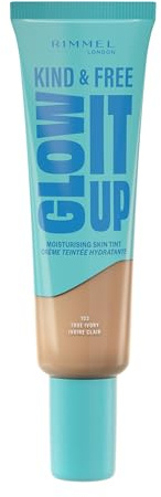 Rimmel London Kind & Free GLOW IT UP Fondotinta Idratante, 103, True Ivory, Lenisce la pelle sensibile, Colorito sano e luminoso, Idrata per tutto il giorno, 30 ml