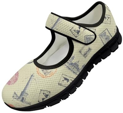 Binienty Vintage Tower Mary Jane Flats Shoes Women's Casual Low Cut Sneaker Stylish Ballet Flats Dressy Shoes for Ladies Girls Festival Footwear,US 9