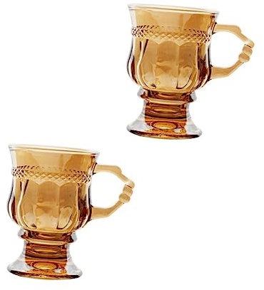 Garneck Vintage European Style Amber Goblet Glass, 2pcs High Stem Wine Cup Handle, Decorative Delicate Glass Tea and Coffee Mug for Home and Party