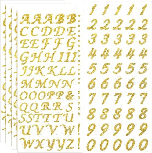 SHSHbuy Adesivi con Lettere e Numeri Glitterate,6 Fogli Adesivi Alfanumerici Dorate,Numeri Autoadesivi Impermeabili per Album Fotografico,Scrapbook(Oro)