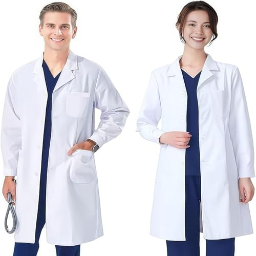 FAHAKO Blouse Blanche Homme Femme, Blouse Chimie Coton Blouse Laboratoire Blouse Medicale Manche Longue Blouse Blanche Chimie avec 3 Poche Bouton pour Physique Scientifique