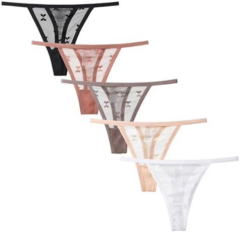 Yolev Lot de 5 strings en dentelle pour femmes - T-back - Tangas en dentelle transparente - Tangas sexy respirants - Culottes sans coutures - Sous-vêtements nahtloses - Slips pour femmes - Tanga, M