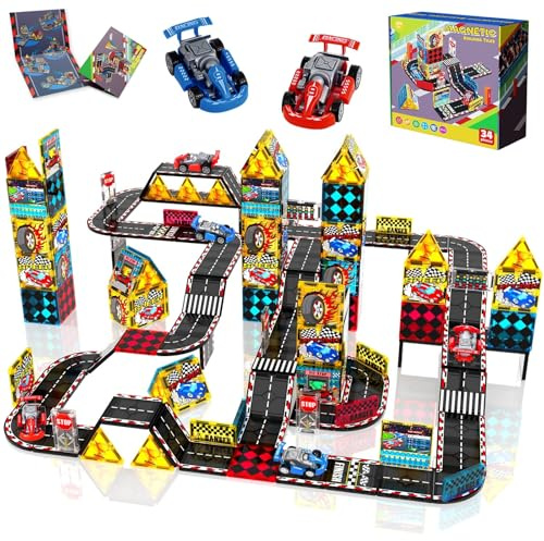 Magneverse Bloques Magneticos Construccion Niños con 2 Coches de Carreras – Set de 34PCS Magnetic Tiles para Infantiles, Juguete Educativo Stem Magnetic Blocks, Regalo para Niños de 4-12 Años