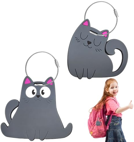 Identificador de maletas, 2 lindas etiquetas de maleta de impermeable gris para gatos, etiqueta de maleta de escuela de viajes PVC con tarjeta telefónica de nombre y dirección