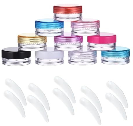 OUDQFCJ 10 Pcs Petits Pots Cosmétiques et 10 Pcs Spatules, Contenants Vides en Plastique Transparent, Mini Boîtes pour Crème, Échantillons de Voyage, Spatules Maquillage (Transparent)