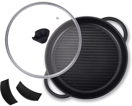 American Coated Grilling pan for Grill, Induction Hob, Stove Tops | 12.60 Diameter Grill Pan with Glass Lid, Oven Safe up to 280*C