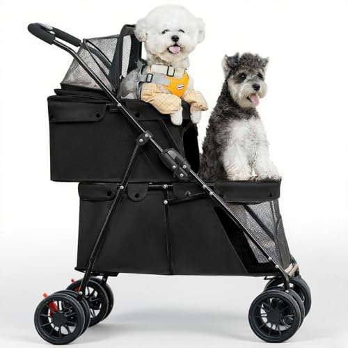 Carrito plegable para perros de 2 niveles, puede transportar, con ventana de red, cinturón de seguridad, 4 ruedas, plegable, para 2 perros pequeños, gatos, color marrón (Negro)
