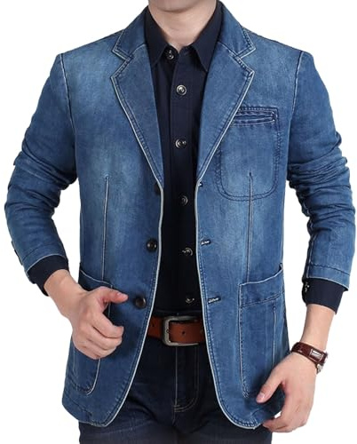 Veste blazer en jean bleu pour homme, coupe slim, décontractée, style vintage, coupe slim, tendance, style camionneur, bleu, taille moyenne