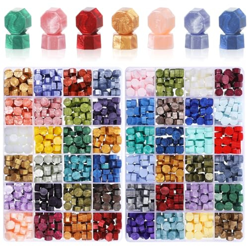 Oqqlin 1200 Pcs Assorted Color Wax Seal Beads, 48 Colors Sealing Wax Beads Seals Colorful Octagon Letter Bead for Wedding Invitation, Sealing Envelope, DIY Crafts, Gifts Solid