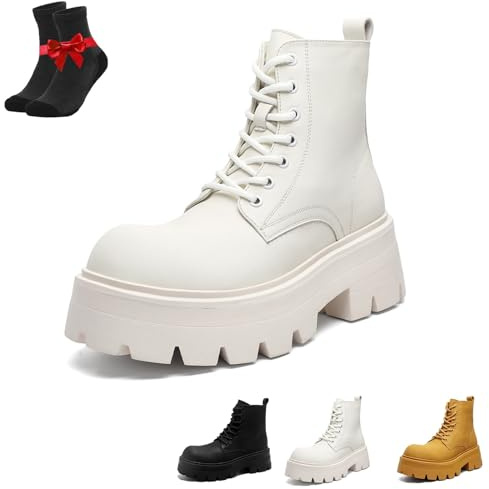 Kirposh Botas de combate de cuero con cordones for hombre, botines punk con plataforma, botines de motociclista retro con punta redonda y cremallera lateral.(White,41 EU)