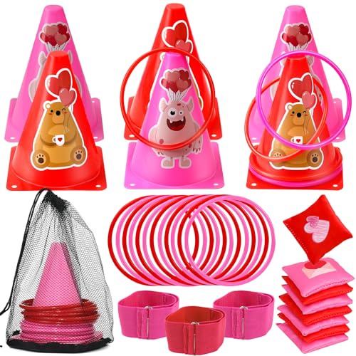 39Pcs 4 in 1 Valentines Day Party Games for Kids with Ring Toss, Plastic Cones, Bean Bags, 3-Legged Race Bands, Stickers, Carnival Valentine's Games Activity Combo Set for Classroom Indoor Outdoor
