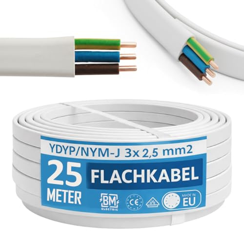 BM Electric YDYp Câble d'installation plat NYM-J 3 × 2,5 mm², profilés 11 × 6 mm, conducteurs en cuivre 300/500 V, gris PVC Sheath, installation fixe pour pièces sèches, vapeur, pièces humides, cœurs
