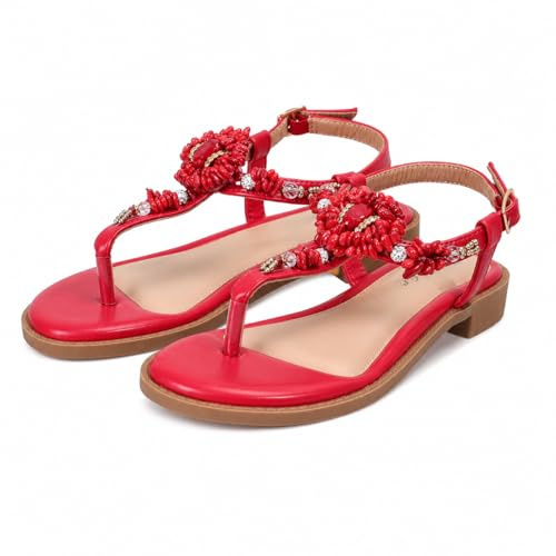 CLEIKS Sandali Donna Estivi Eleganti con Infradito Fiori Gioiello e Cinturino con Fibbia (Rosso, 37EU, WFF260276-12)