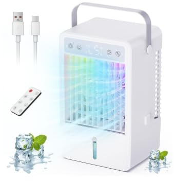 Enfriador de Aire Depósito 1,5L - Aire Acondicionado Portatil 5 Velocidades, Mini Aire Acondicionado 2 Niveles de Niebla, Mando a Distancia, Temporizador 2/4/6/7/8/10H, USB-C 10W & Luz LED 7 Colores