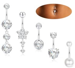 YADOCA 5 Pcs Belly Bars, Surgical Steel Dangly Belly Button Piercing | Silver & Gold Belly Bar, Cubic Zirconia, Stainless Steel, Belly Button Rings, Navel Piercing Jewellery