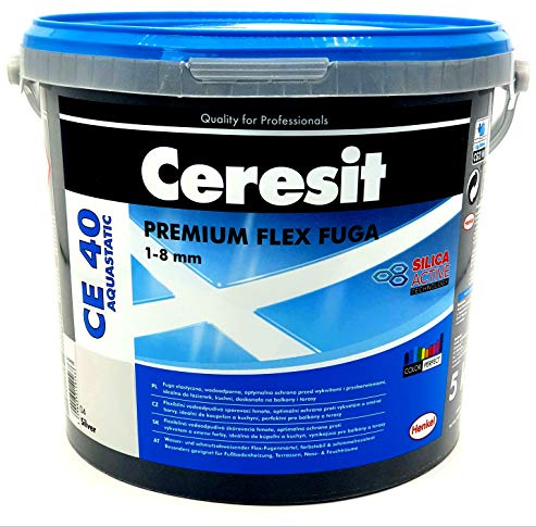 Ceresit CE40 Aquastatic Fugenmörtel, 1-8 mm, 5 kg Eimer, Silica-Aktiv Technologie, Wasserdicht, Flexibel, Für Porzellan, Keramik, Glas, Natursteine und Marmor, Innen und Außen, Balkon und Terrasse