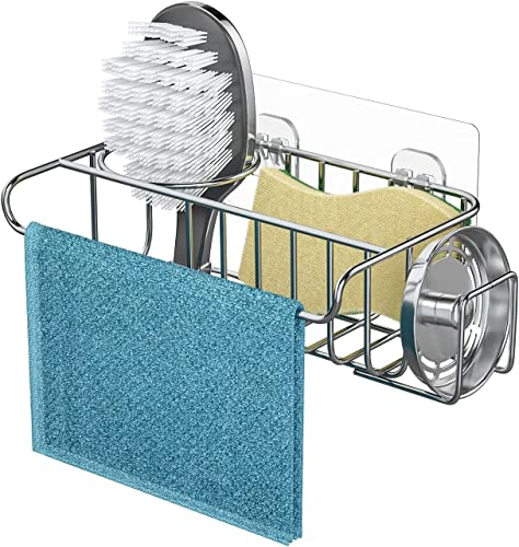 Kitchen Sink Caddy Sponge Holder - 4 in 1 Kitchen Sink Organiser, Sink Tidy for Sponges, Washing Up Brush, Wash Up Liquid and Sink Stopper, Wall Mounted/Hanging, 22 * 9.2 * 6.5cm