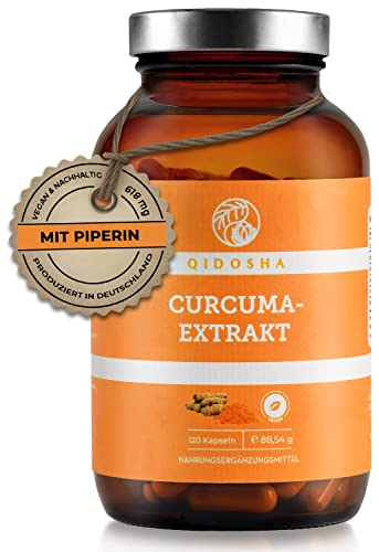 QIDOSHA® Kurkuma Extrakt Kapseln hochdosiert mit Piperin, 120 Stk, 618 mg Curcuma Extrakt Kapseln, davon 316 mg reiner Curcuma-Extrakt mit hohem Curcumin-Anteil, vegan, laborgeprueft