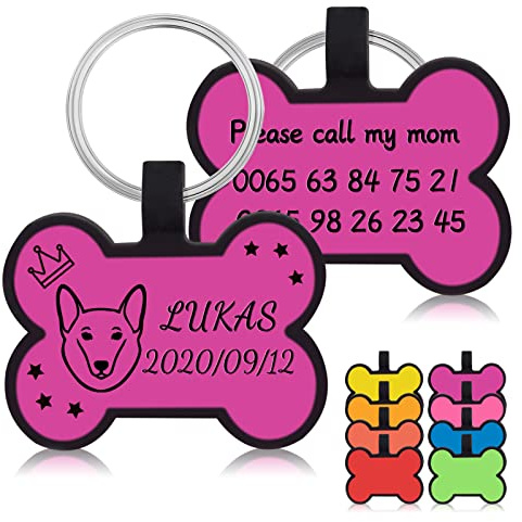 Uiopa 2pzs Chapa Perro Grabada, Silicona Chapas para Perros sin Ruido, Hueso Placas para Perros Grabadas Personalizadas, Etiquetas de Identificación de Mascotas para Collar Cachorro Gato (Morado)
