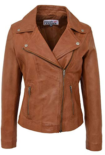 Chaqueta de motociclista de piel auténtica para mujer, estilo Lola, canela, 38