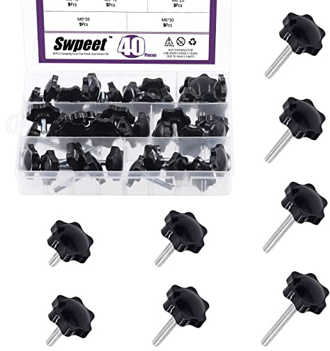Swpeet 40 st M6 x 11/15/20/25/30/35/40/50 mm 8 storlekar hexformad hangänga metallklämma hand hexagon stjärnknoppar sortimentsats, klämskruv plast skruvhandtag knopp snabb borttagning