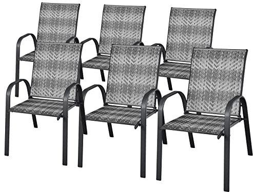 HAPPYGRILL Stackable Dining Chairs Set of 6, Outdoor PE Wicker Patio Arm Chairs with Rustproof Steel Frame, Stackable Bistro Deck Chairs for Backyard Garden and Poolside