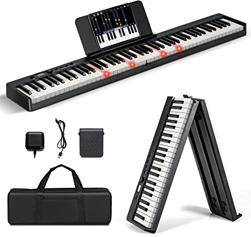 COSTWAY 88 Tastatur Elektroklavier faltbar, Digitale Keyboard tragbar (128 Rhythmen, 128 Töne und 20 Demos) Digitalpiano Set für Kinder und Erwachsene (Schwarz)