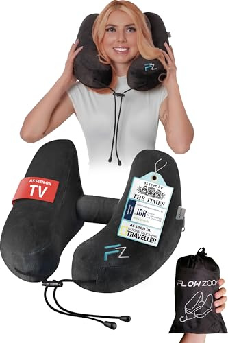FLOWZOOM AIR Travel Neck Pillow for Airplane Inflatable Hooded Black Size M