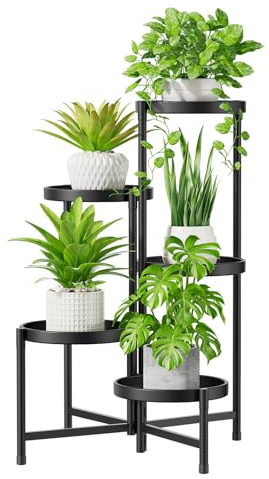 iDavosic.ly Pflanzenständer Metall Groß mit 5 Etagen, Blumenständer Pflanzenregal Blumenregal Indoor Outdoor, Faltbar Blumentreppen Innen Plant Stand Shelf für Garten Balkon Wohnzimmer (Rund, Schwarz)
