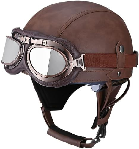 VVPEC Läderhalvhjälm Tysk stil Retro motorcykelhjälm ECE-godkänd Män Kvinnor Vintage Öppet ansiktshjälm med skyddsglasögon Halvskalkeps Mopedhjälm for Chopper Cruiser Scootercykel(3,L(59~60CM))