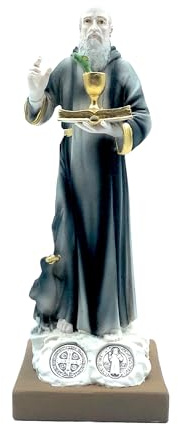 Generico Statua di San Benedetto in Resina Lavorata e Dipinta a Mano, 15 cm, con Medaglie Inserite nella Base