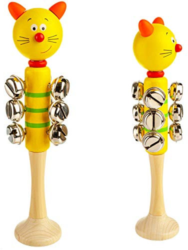 alles-meine.de GmbH Kinder Rasseln/Musikinstrumente Modell & Farbwahl Schellenstab - Rasseln/Schellenrassel - Holz - Katze - Musikintrument/Musik für Baby - Metall Sch..