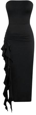 GORGLITTER Women's Ruffle Trim Strapless Tube Bodycon Dress Asymmetrical Cocktail Maxi Dresses Sexy Club Party Outfit