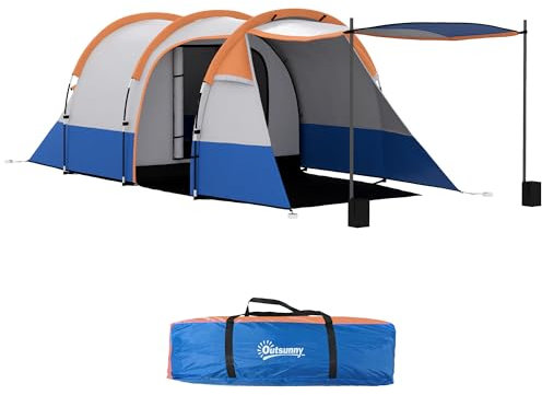 Outsunny Campingzelt, Tunnelzelt für 3 Personen, mit Lichthaken, Vorzelt, 2 Räumen, Winddicht Familienzelt mit Tragetasche, 2000mm Wasserabweisend Pop Up Zelt für Camping, Garten, Orange