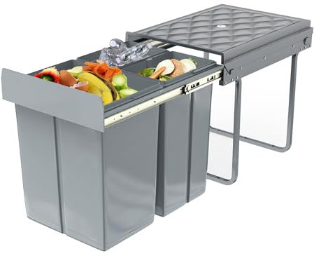 VANCHEMO Poubelle encastrable, 2 x 10 l + 1 x 20 l, système de tri sélectif, 3 compartiments, bac multiple, anti-odeurs, accès confortable pour la cuisine, 48 x 34 x 42 cm