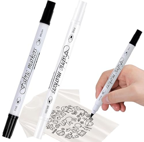 Canollo Textilstifte Waschmaschinenfest mit Doppelspitze, 2 Stück Textilfarbe Schwarz, Weiß, Textilmarker Waschmaschinenfest, Stoffmalstifte Set für Textilien Schuhe Die Hemden Hüten (Schwarz+Weiß)