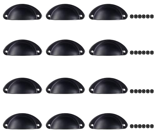 Mokife 12 Tiradores Conchas Armarios Vintage, Metal Manijas de Copa Pomos de Muebles Puerta con Tornillos para Cajones Armario Cómoda, Negro