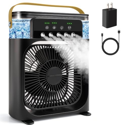 Portable Air Conditioner Fan, Mini Evaporative Air Cooler Cooling Fan with 5 Spray Nozzles,3 Wind Speeds,3 Timers,7 Colors LED Light,600ML Personal AC Unit Fan for Bedroom Office CampingïŒBlackïŒ