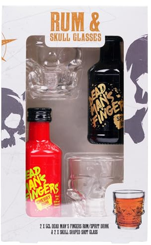 Dead Man’s Fingers Rum Gift Set – Cherry Spirit (32% ABV) & Spiced Rum (37.5% ABV) Miniatures with 2 Skull Shot Glasses – 2 x 5cl Flavoured Rum Taster Set by Blue Tree Gifts