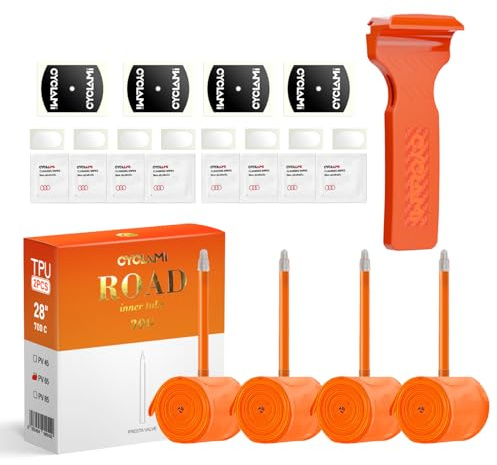 Juego de 4 Cámara de Aire de TPU para Bicicleta 700×18–32C & 32–47C & MTB29''1.9-2.5 con Válvula Presta 45/65/85mm para Bicicletas de Carretera, Gravel y Montaña (700x18-32C – 65mm SV para Carretera)