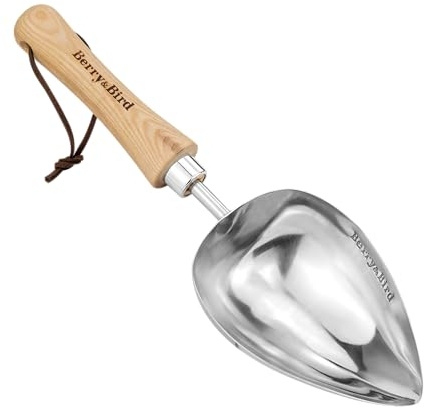 Berry&Bird Pflanzschaufel - runde Ausführung 32,8 cm, Großer Edelstahlkopf, Handschaufel zum Pflanzen & Umtopfen, Ideal zum Schöpfen und Umfüllen von Erde, Kompost und Blumenerde, Eschenholzgriff