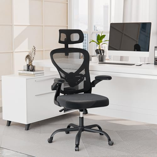 Gotland Office Chair Ergonomic Desk Chair, Home Office Desk Chairs 330LBS Capacity with 90° Flip-up Armrest Lumbar Support，Comfy Work Chair with Breathable Mesh and Wide Seat，Black